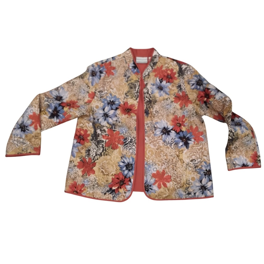 Alfred Dunner Petite Floral Jacket Coral Trim Open Front Women's Size 14P